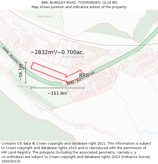 888, BURNLEY ROAD, TODMORDEN, OL14 8PJ: Plot and title map