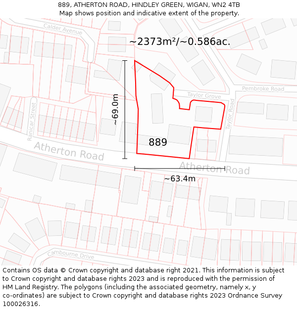 889, ATHERTON ROAD, HINDLEY GREEN, WIGAN, WN2 4TB: Plot and title map