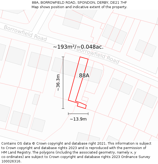 88A, BORROWFIELD ROAD, SPONDON, DERBY, DE21 7HF: Plot and title map