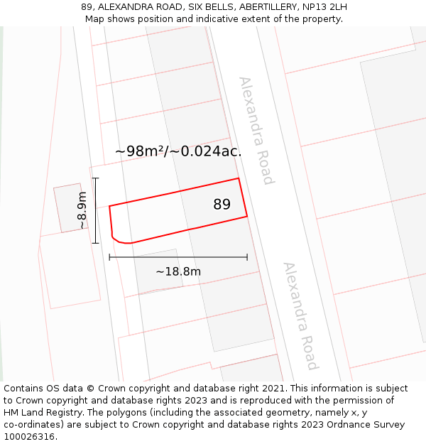 89, ALEXANDRA ROAD, SIX BELLS, ABERTILLERY, NP13 2LH: Plot and title map