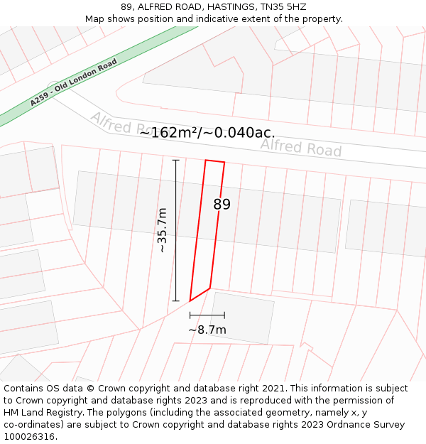 89, ALFRED ROAD, HASTINGS, TN35 5HZ: Plot and title map