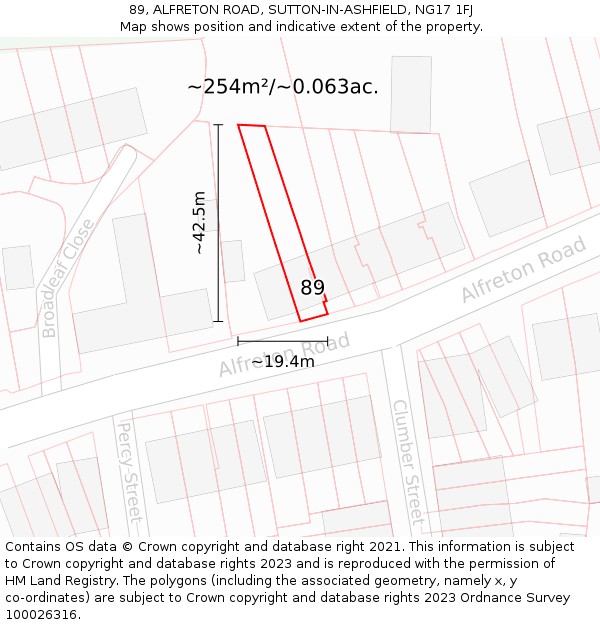 89, ALFRETON ROAD, SUTTON-IN-ASHFIELD, NG17 1FJ: Plot and title map