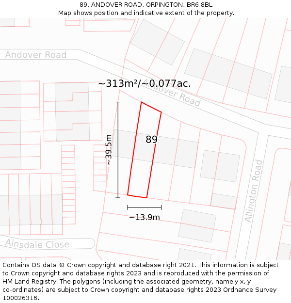 89, ANDOVER ROAD, ORPINGTON, BR6 8BL: Plot and title map