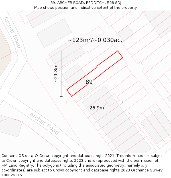 89, ARCHER ROAD, REDDITCH, B98 8DJ: Plot and title map