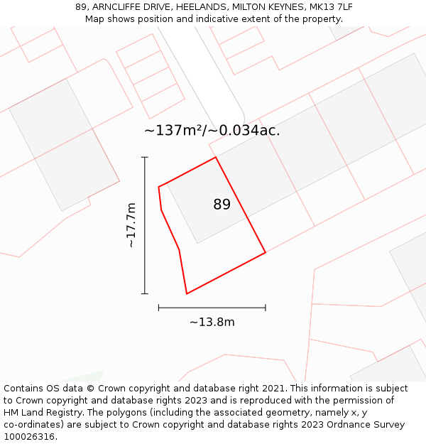 89, ARNCLIFFE DRIVE, HEELANDS, MILTON KEYNES, MK13 7LF: Plot and title map