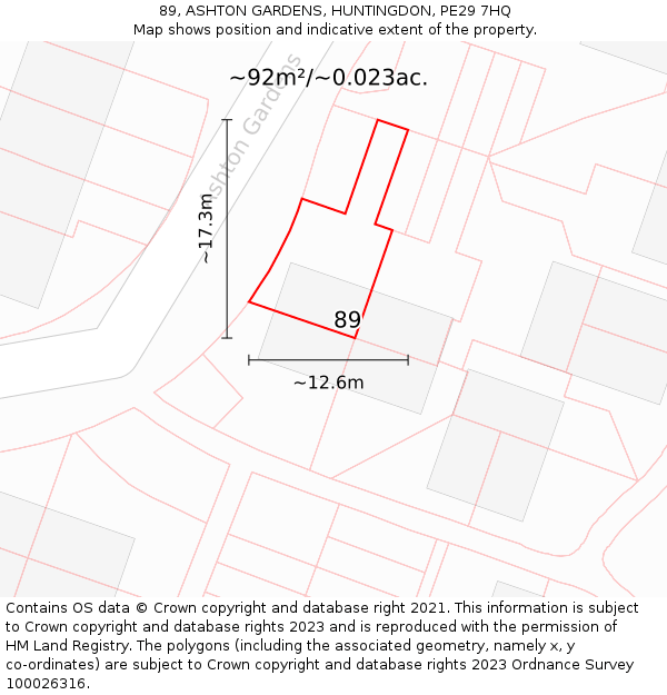 89, ASHTON GARDENS, HUNTINGDON, PE29 7HQ: Plot and title map