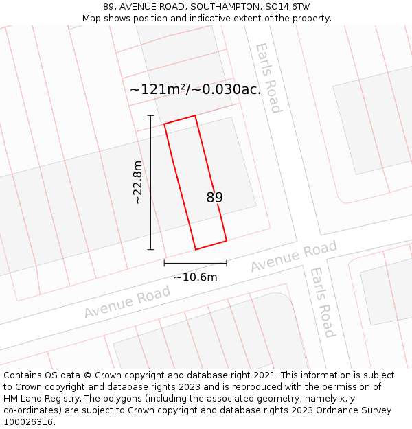 89, AVENUE ROAD, SOUTHAMPTON, SO14 6TW: Plot and title map
