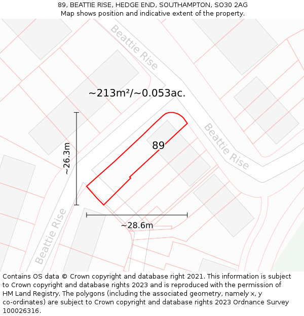 89, BEATTIE RISE, HEDGE END, SOUTHAMPTON, SO30 2AG: Plot and title map