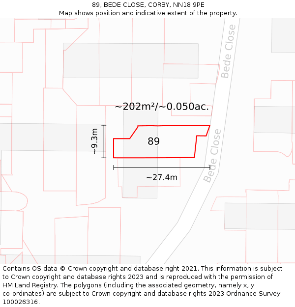89, BEDE CLOSE, CORBY, NN18 9PE: Plot and title map