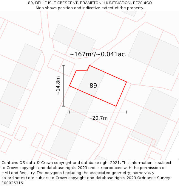 89, BELLE ISLE CRESCENT, BRAMPTON, HUNTINGDON, PE28 4SQ: Plot and title map