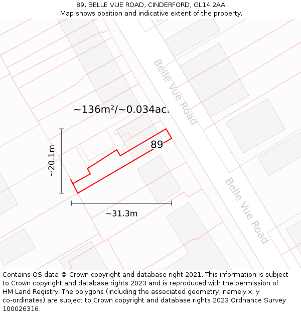 89, BELLE VUE ROAD, CINDERFORD, GL14 2AA: Plot and title map