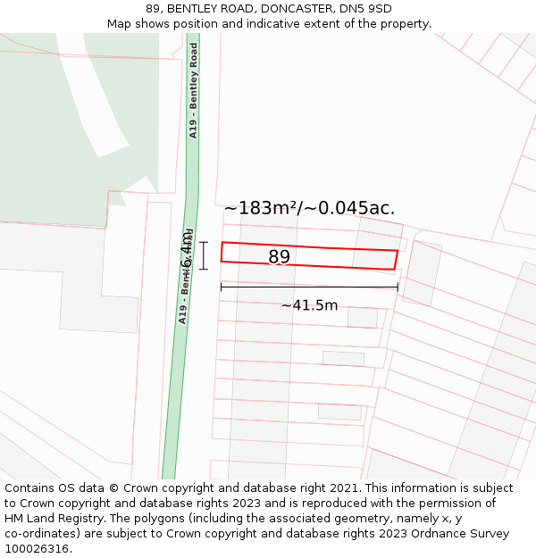 89, BENTLEY ROAD, DONCASTER, DN5 9SD: Plot and title map