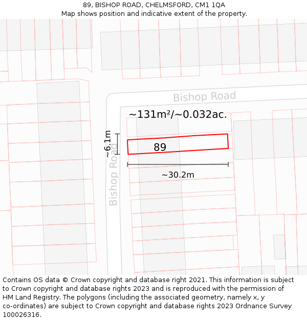 89, BISHOP ROAD, CHELMSFORD, CM1 1QA: Plot and title map
