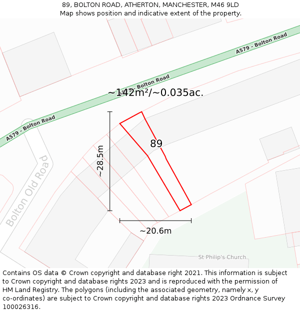89, BOLTON ROAD, ATHERTON, MANCHESTER, M46 9LD: Plot and title map