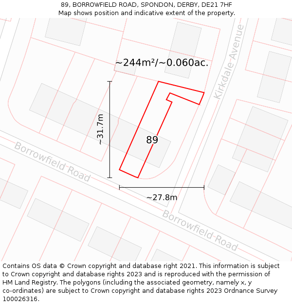 89, BORROWFIELD ROAD, SPONDON, DERBY, DE21 7HF: Plot and title map