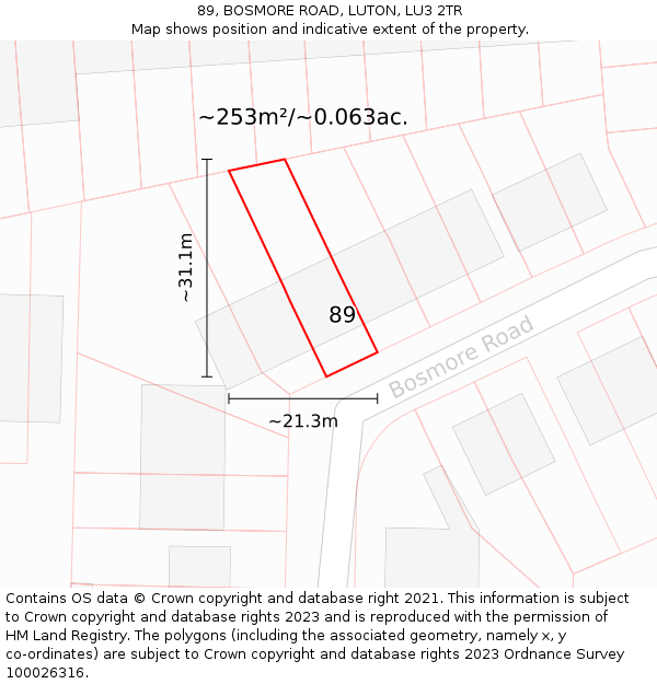 89, BOSMORE ROAD, LUTON, LU3 2TR: Plot and title map