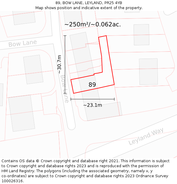89, BOW LANE, LEYLAND, PR25 4YB: Plot and title map