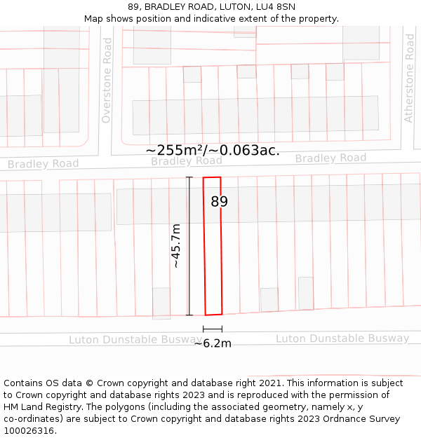 89, BRADLEY ROAD, LUTON, LU4 8SN: Plot and title map