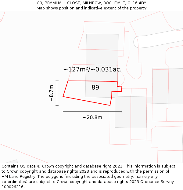 89, BRAMHALL CLOSE, MILNROW, ROCHDALE, OL16 4BY: Plot and title map