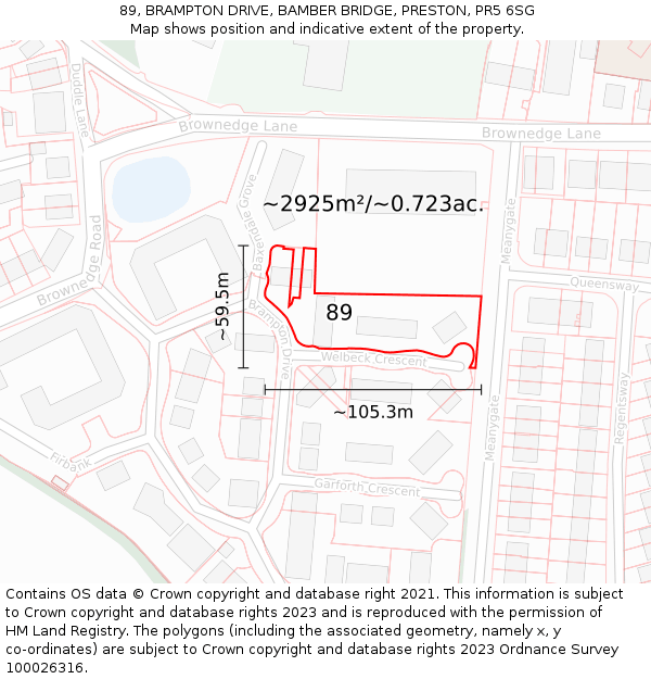 89, BRAMPTON DRIVE, BAMBER BRIDGE, PRESTON, PR5 6SG: Plot and title map