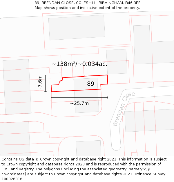 89, BRENDAN CLOSE, COLESHILL, BIRMINGHAM, B46 3EF: Plot and title map