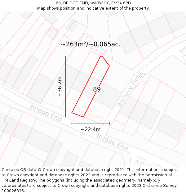 89, BRIDGE END, WARWICK, CV34 6PD: Plot and title map