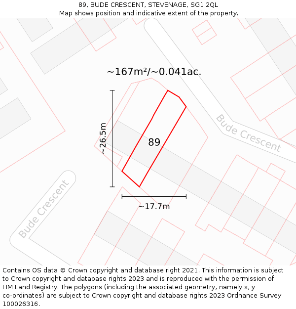 89, BUDE CRESCENT, STEVENAGE, SG1 2QL: Plot and title map