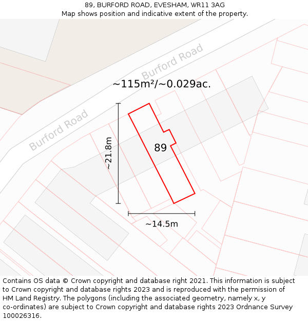 89, BURFORD ROAD, EVESHAM, WR11 3AG: Plot and title map