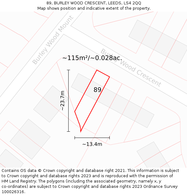 89, BURLEY WOOD CRESCENT, LEEDS, LS4 2QQ: Plot and title map