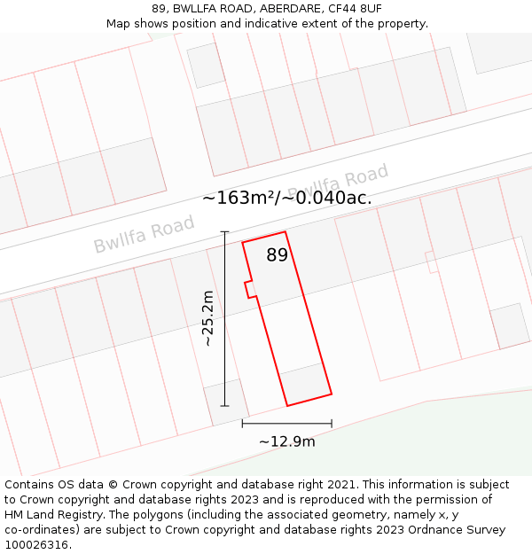 89, BWLLFA ROAD, ABERDARE, CF44 8UF: Plot and title map