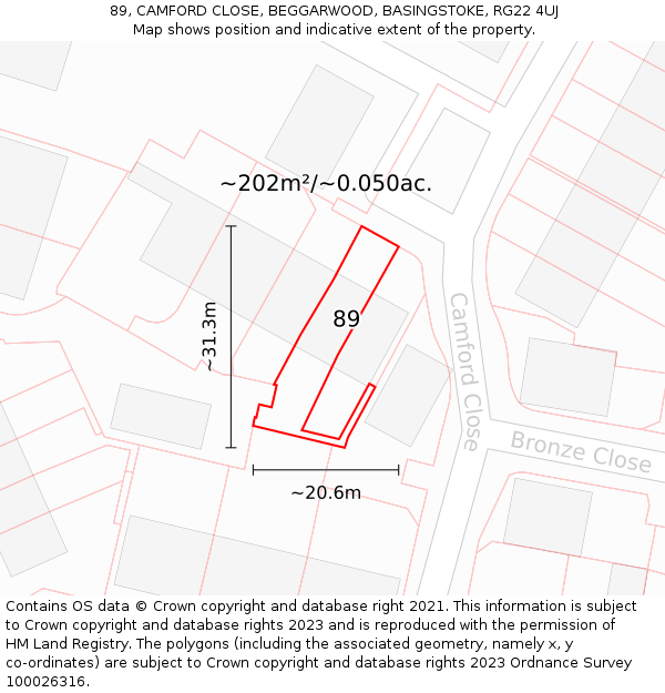 89, CAMFORD CLOSE, BEGGARWOOD, BASINGSTOKE, RG22 4UJ: Plot and title map