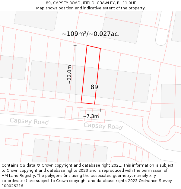 89, CAPSEY ROAD, IFIELD, CRAWLEY, RH11 0UF: Plot and title map