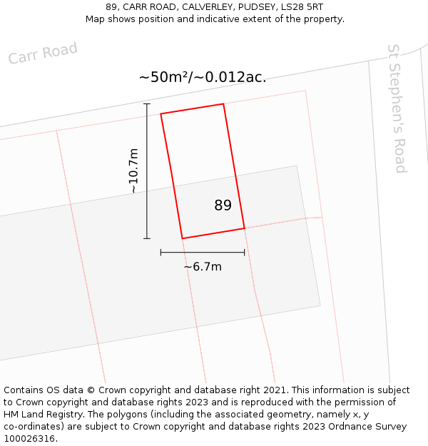89, CARR ROAD, CALVERLEY, PUDSEY, LS28 5RT: Plot and title map