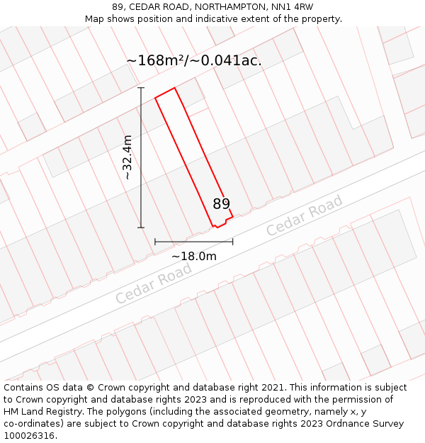 89, CEDAR ROAD, NORTHAMPTON, NN1 4RW: Plot and title map
