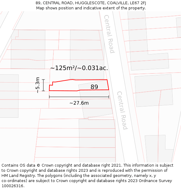 89, CENTRAL ROAD, HUGGLESCOTE, COALVILLE, LE67 2FJ: Plot and title map