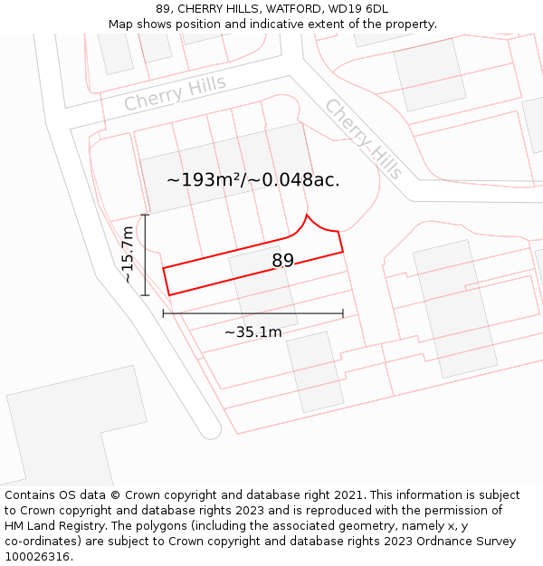 89, CHERRY HILLS, WATFORD, WD19 6DL: Plot and title map