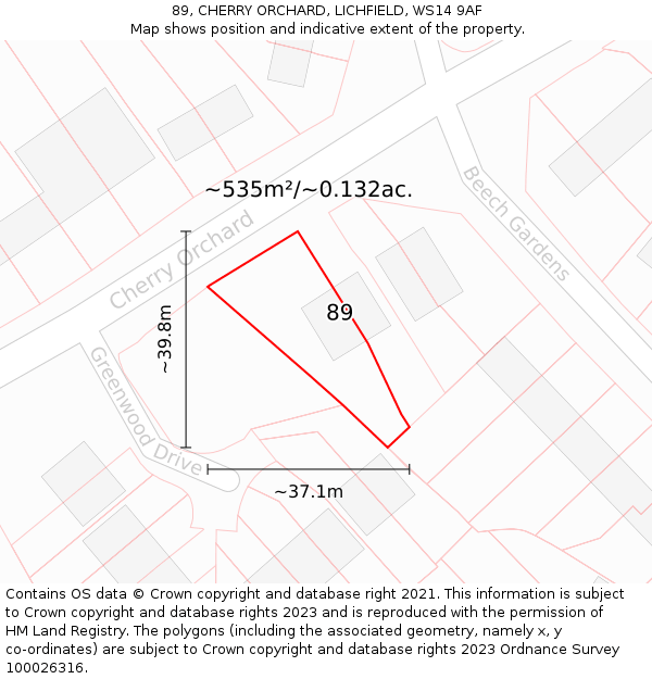 89, CHERRY ORCHARD, LICHFIELD, WS14 9AF: Plot and title map