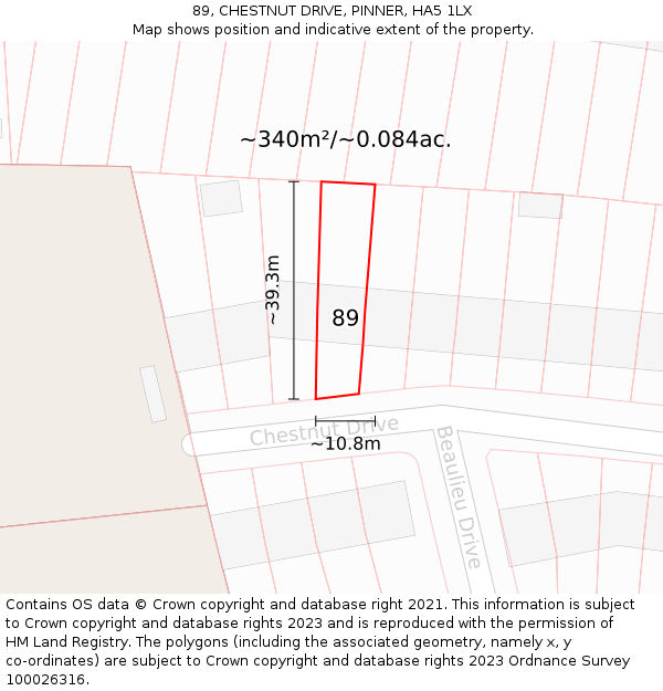 89, CHESTNUT DRIVE, PINNER, HA5 1LX: Plot and title map