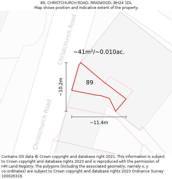 89, CHRISTCHURCH ROAD, RINGWOOD, BH24 1DL: Plot and title map