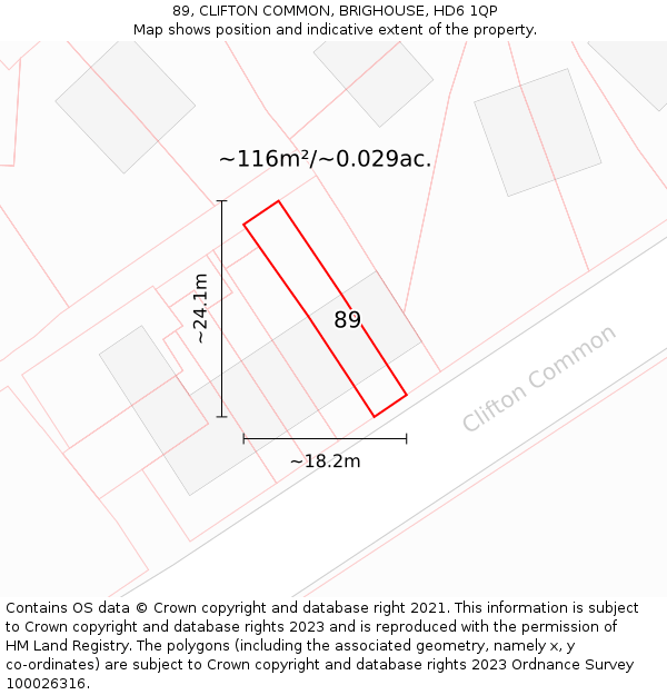 89, CLIFTON COMMON, BRIGHOUSE, HD6 1QP: Plot and title map