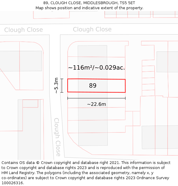 89, CLOUGH CLOSE, MIDDLESBROUGH, TS5 5ET: Plot and title map