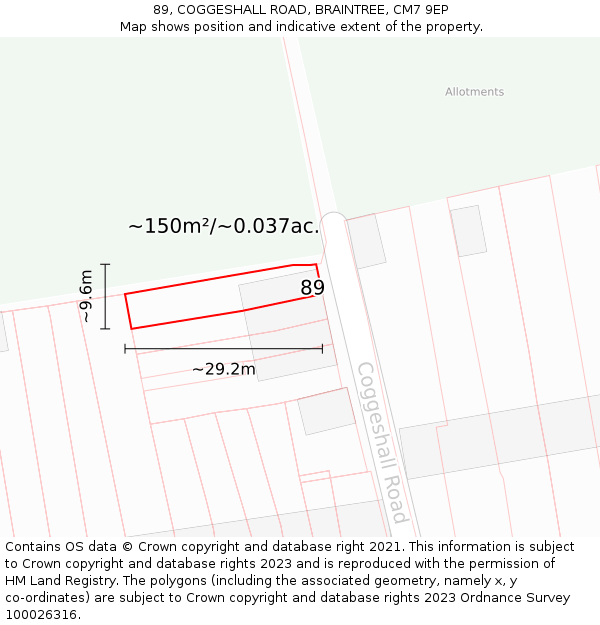 89, COGGESHALL ROAD, BRAINTREE, CM7 9EP: Plot and title map