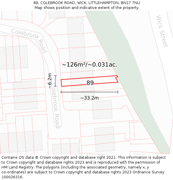 89, COLEBROOK ROAD, WICK, LITTLEHAMPTON, BN17 7NU: Plot and title map