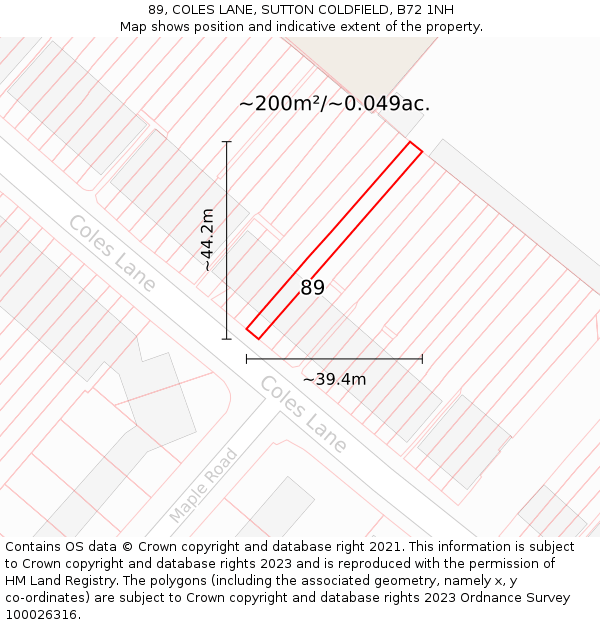 89, COLES LANE, SUTTON COLDFIELD, B72 1NH: Plot and title map