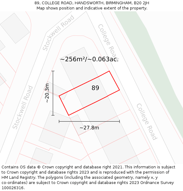 89, COLLEGE ROAD, HANDSWORTH, BIRMINGHAM, B20 2JH: Plot and title map