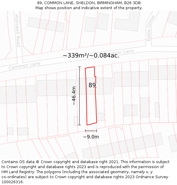 89, COMMON LANE, SHELDON, BIRMINGHAM, B26 3DB: Plot and title map