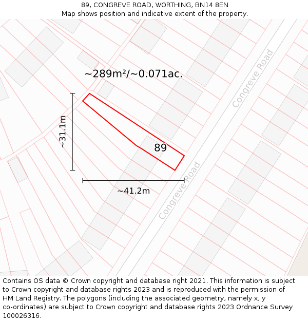 89, CONGREVE ROAD, WORTHING, BN14 8EN: Plot and title map