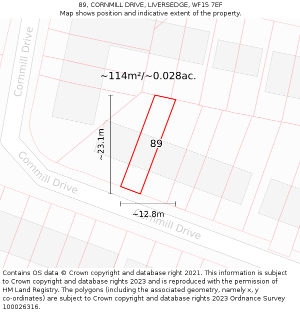 89, CORNMILL DRIVE, LIVERSEDGE, WF15 7EF: Plot and title map