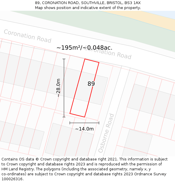 89, CORONATION ROAD, SOUTHVILLE, BRISTOL, BS3 1AX: Plot and title map