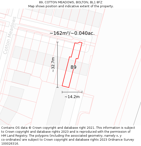 89, COTTON MEADOWS, BOLTON, BL1 8FZ: Plot and title map